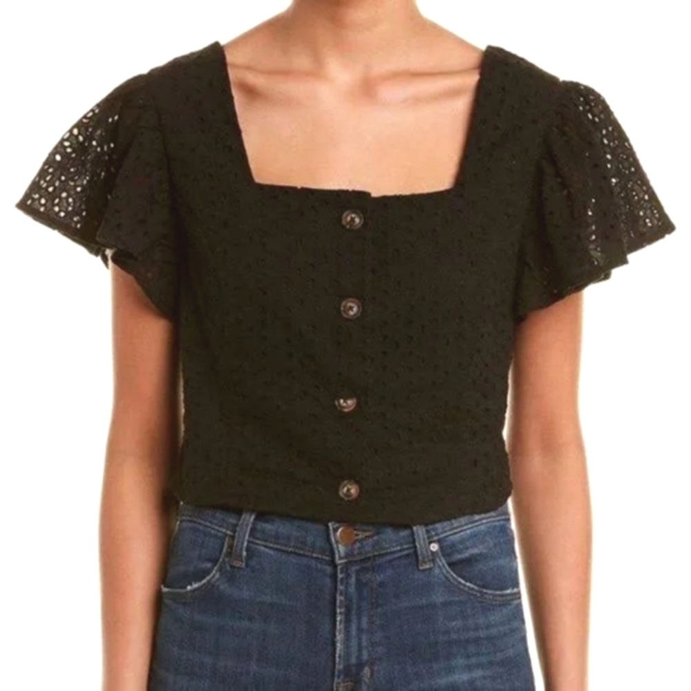 NWT Very J Womens Eyelet Button Up Ruffle Sleeves Black Blouse Crop Top Size L